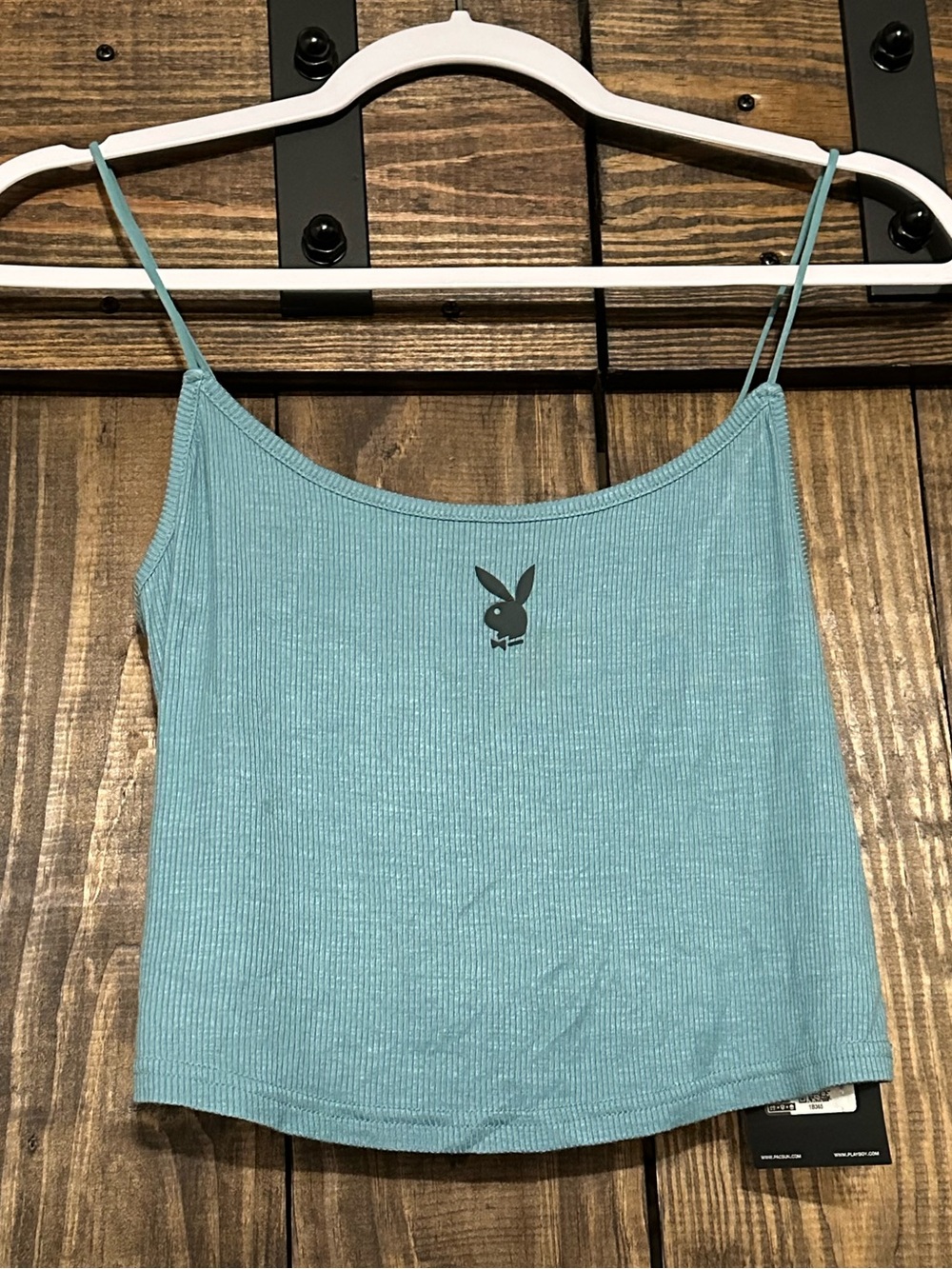 PLAYBOY Teal Ribbed Cropped Cami with Bunny Logo